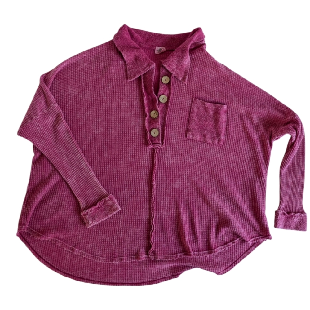 Blue Buttercup Fuchsia Pink Waffle knit Boho Oversized Raw Hem Top, size small